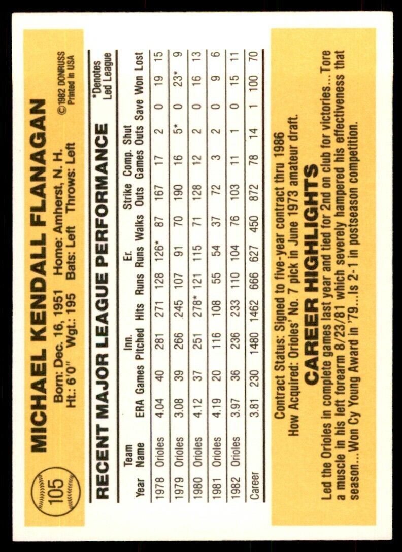 1983 DONRUSS MIKE FLANAGAN . BALTIMORE ORIOLES #105