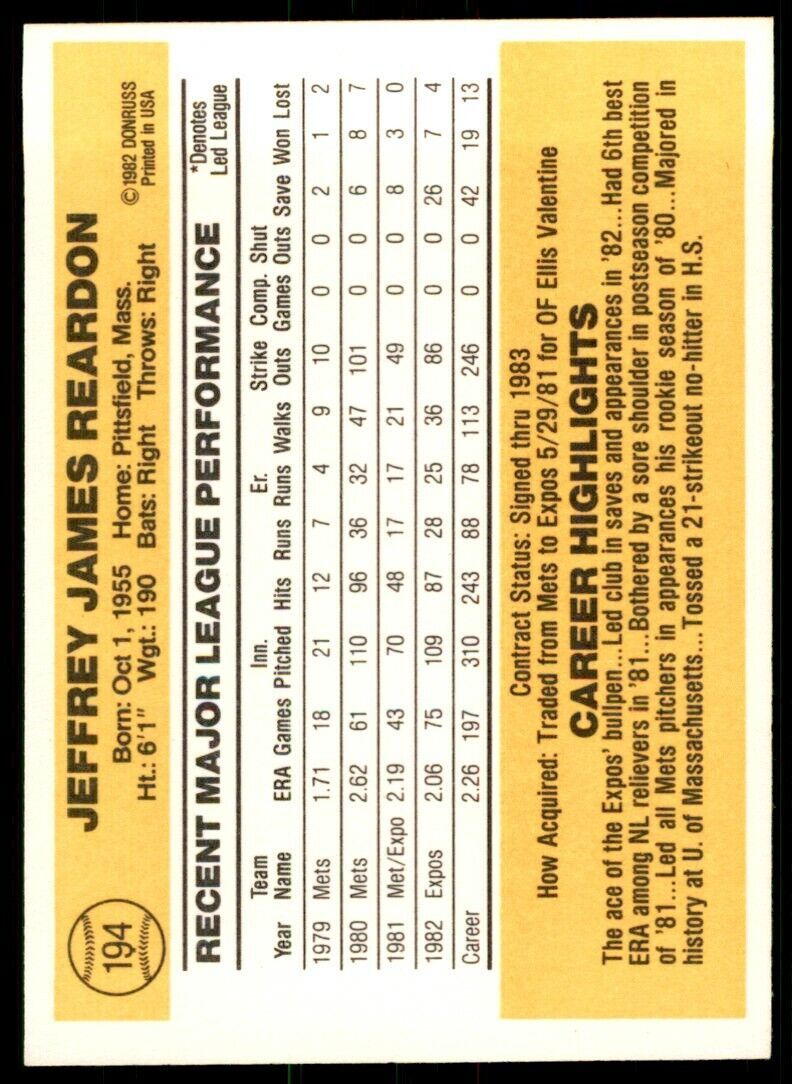 1983 DONRUSS JEFF REARDON . MONTREAL EXPOS #194