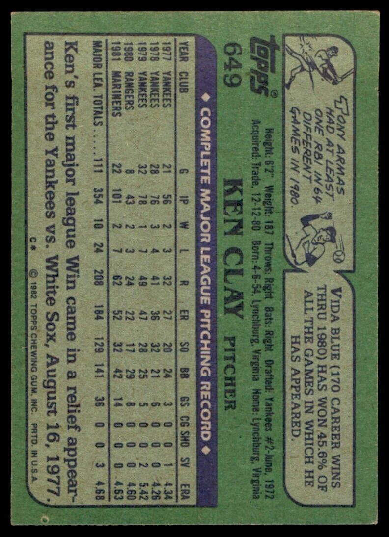 1982 TOPPS KEN CLAY . SEATTLE MARINERS #649