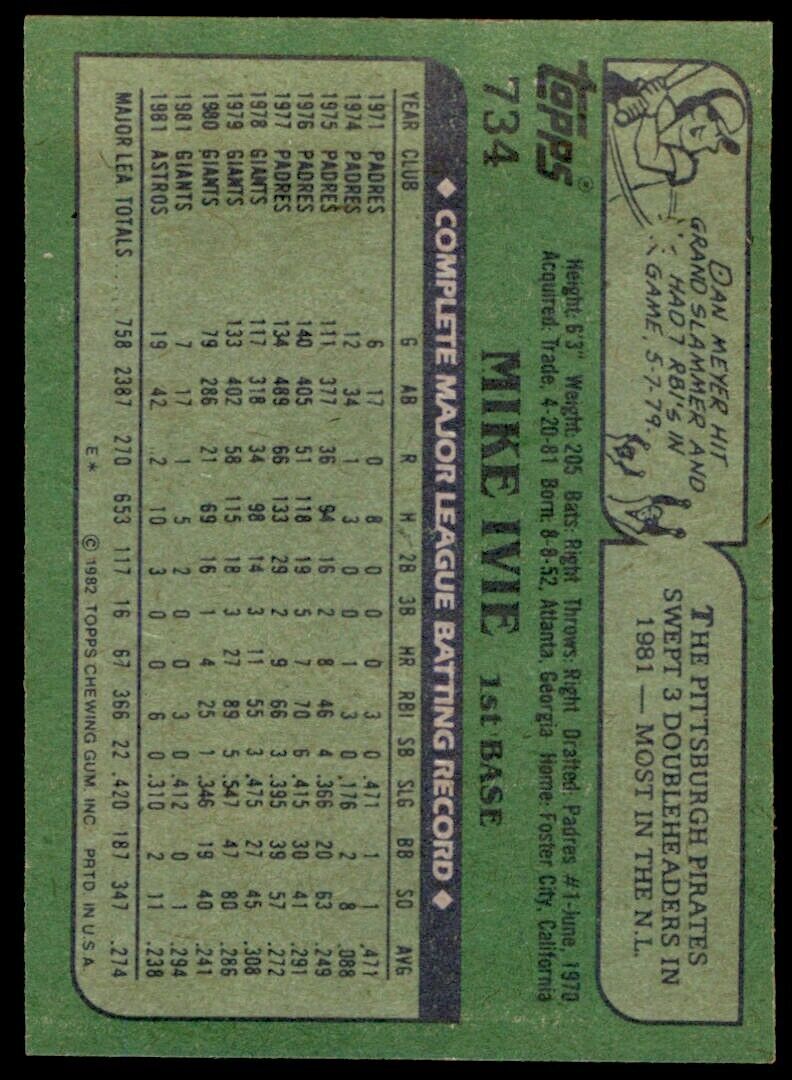 1982 TOPPS MIKE IVIE . HOUSTON ASTROS #734