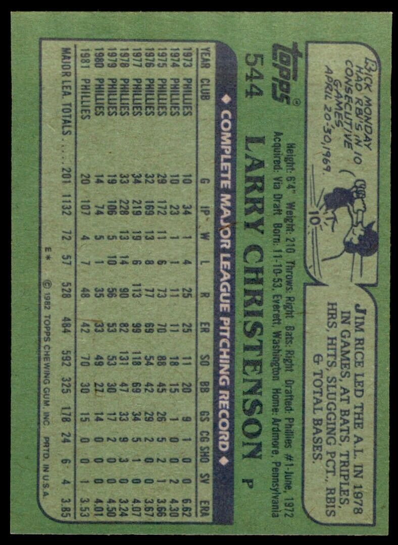 1982 TOPPS LARRY CHRISTENSON . PHILADELPHIA PHILLIES #544