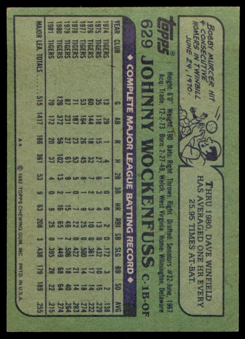 1982 TOPPS JOHN WOCKENFUSS . DETROIT TIGERS #629