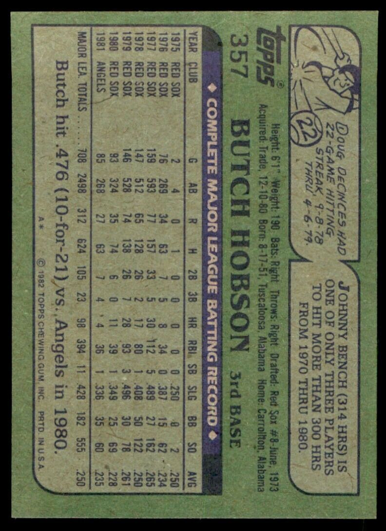 1982 TOPPS BUTCH HOBSON . CALIFORNIA ANGELS #357