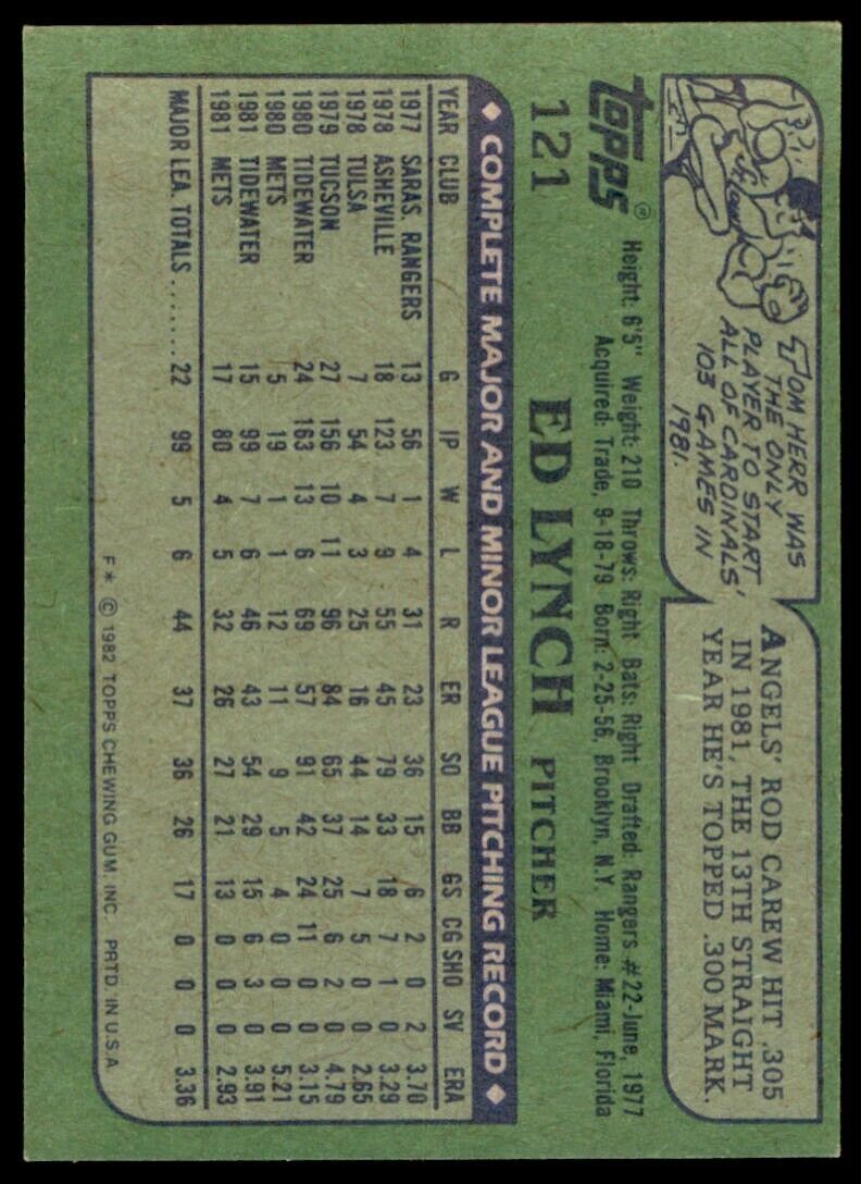 1982 TOPPS ED LYNCH ROOKIE NEW YORK METS #121