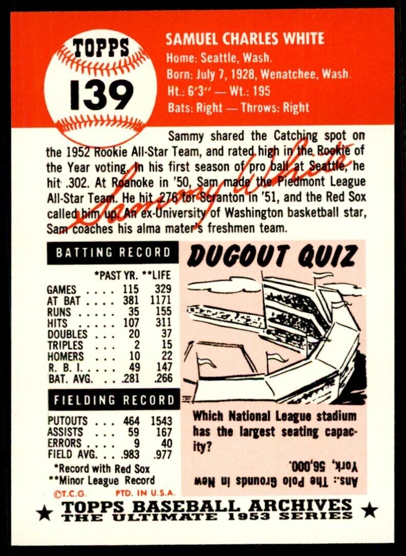 1991 TOPPS ARCHIVES 1953 SAMMY WHITE . BOSTON RED SOX #139
