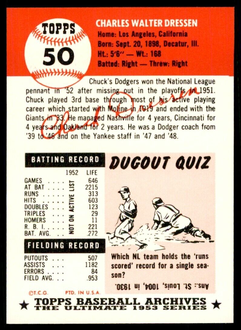 1991 TOPPS ARCHIVES 1953 CHUCK DRESSEN . BROOKLYN DODGERS #50
