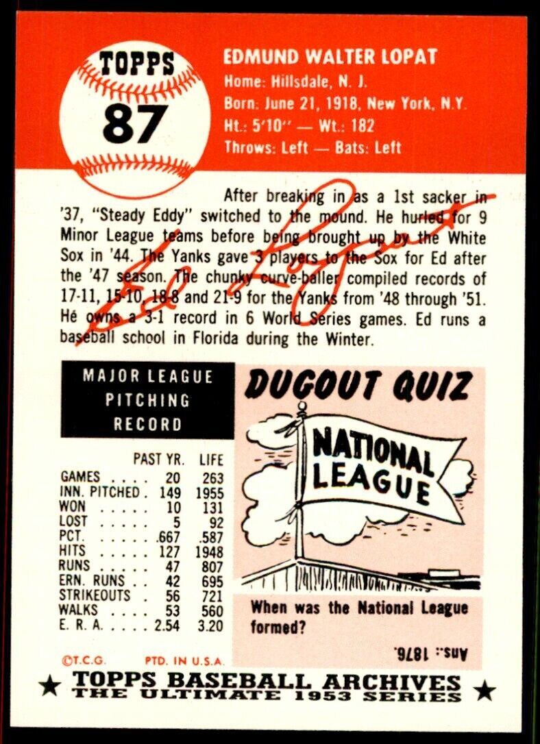 1991 TOPPS ARCHIVES 1953 ED LOPAT . NEW YORK YANKEES #87