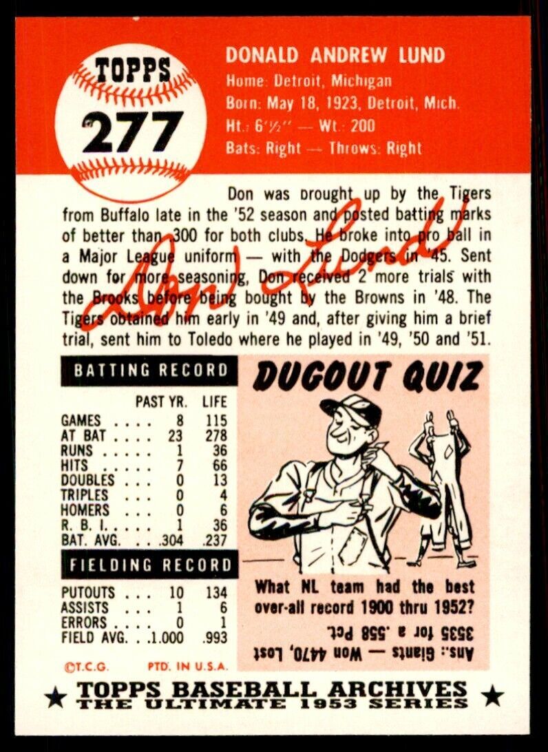 1991 TOPPS ARCHIVES 1953 DON LUND . DETROIT TIGERS #277