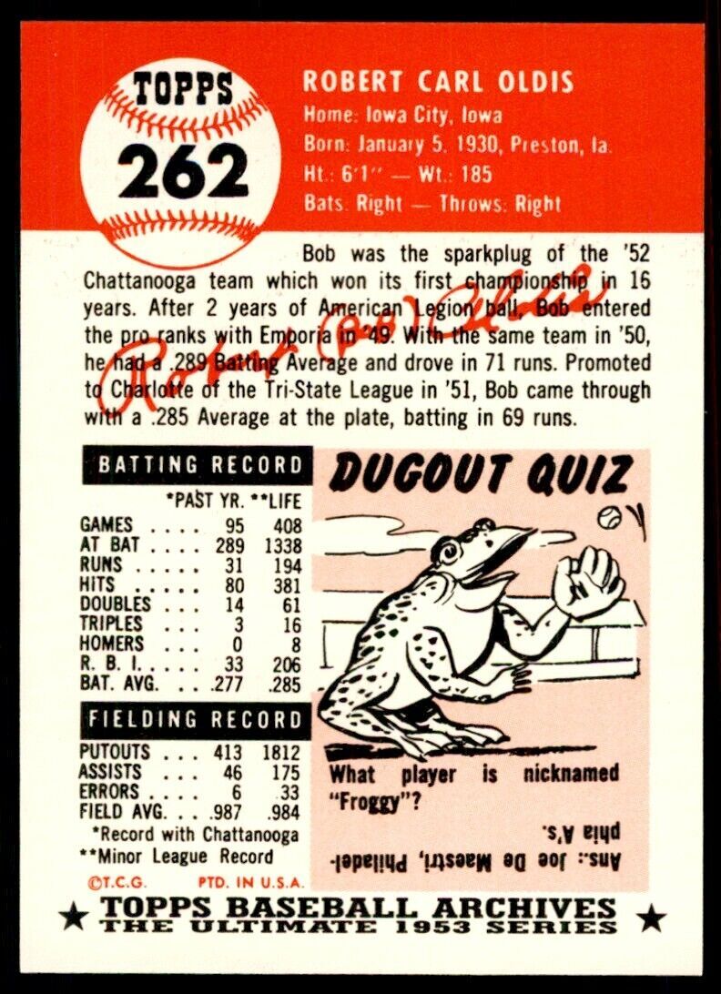 1991 TOPPS ARCHIVES 1953 BOB OLDIS . WASHINGTON SENATORS #262