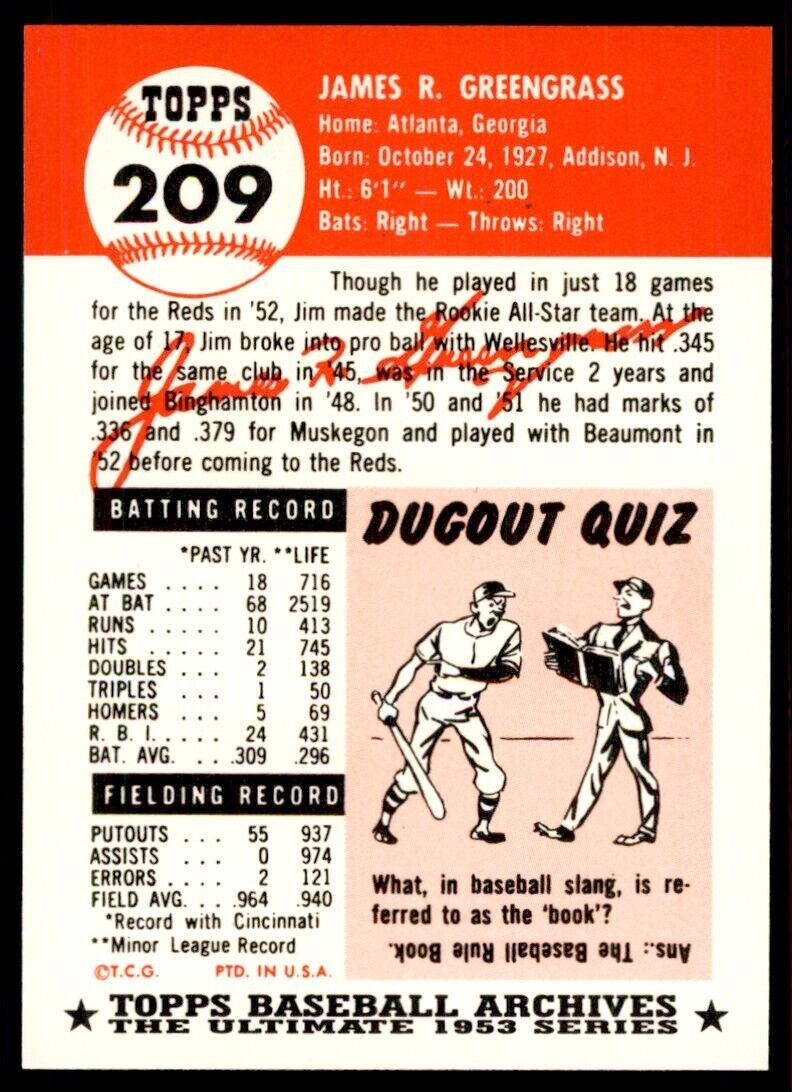 1991 TOPPS ARCHIVES 1953 JIM GREENGRASS . CINCINNATI REDS #209