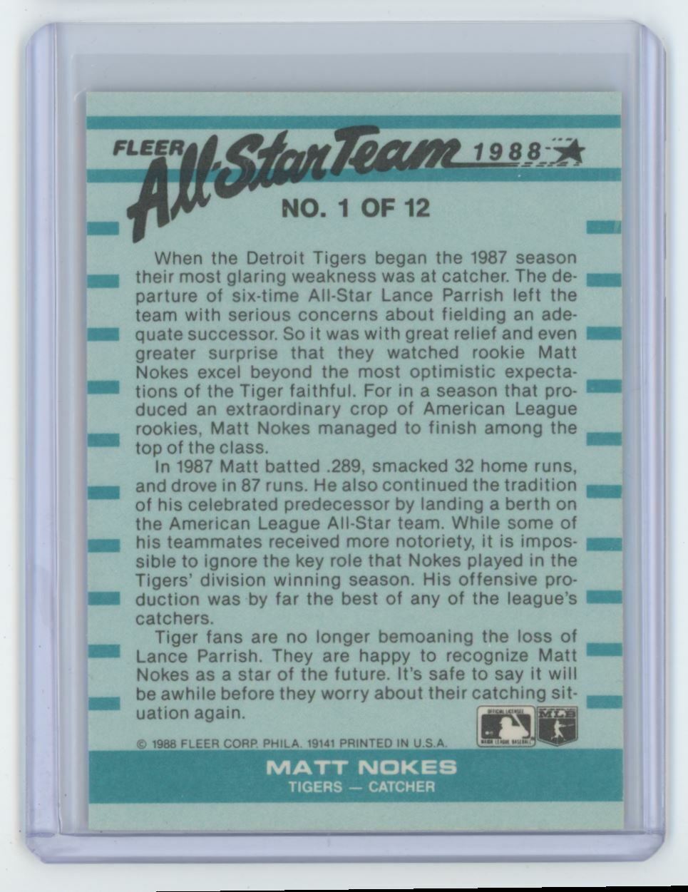1988 FLEER MATT NOKES . DETROIT TIGERS #1