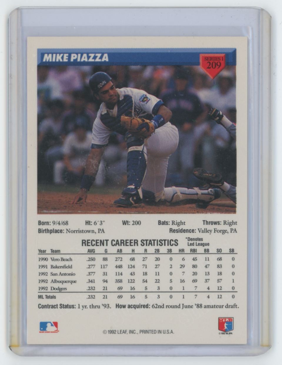 1993 DONRUSS BASEBALL MIKE PIAZZA . LOS ANGELES DODGERS #209