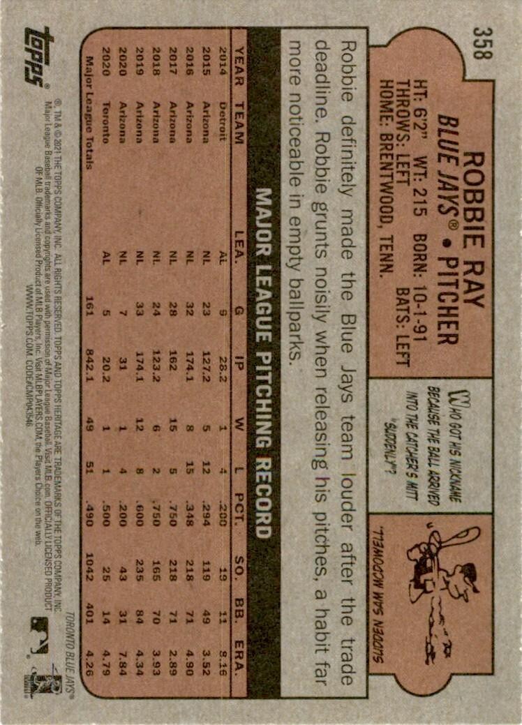 2021 TOPPS HERITAGE ROBBIE RAY . TORONTO BLUE JAYS #358