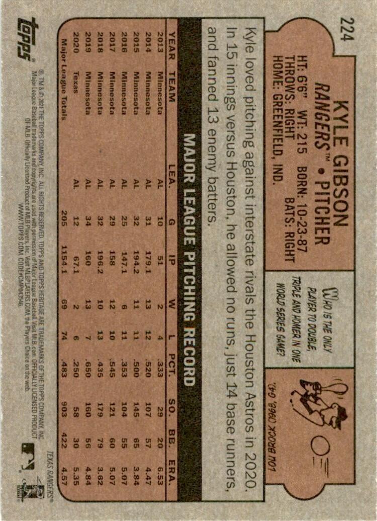 2021 TOPPS HERITAGE KYLE GIBSON . TEXAS RANGERS #224
