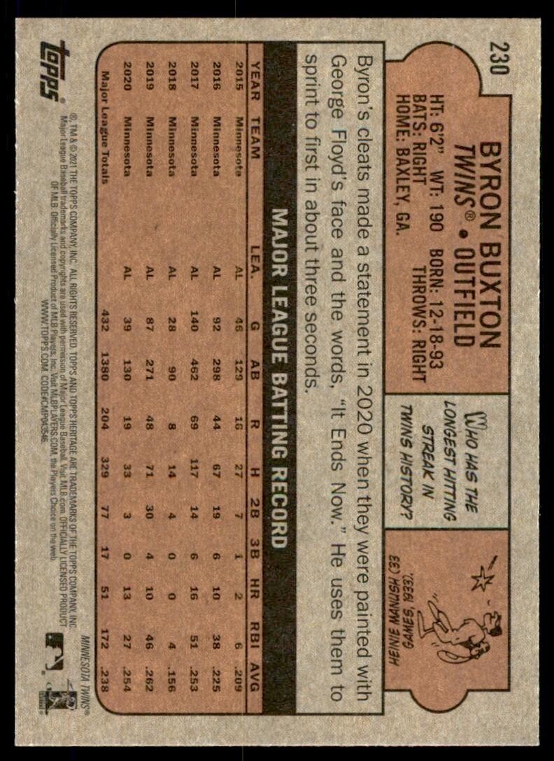 2021 TOPPS HERITAGE BYRON BUXTON . MINNESOTA TWINS #230