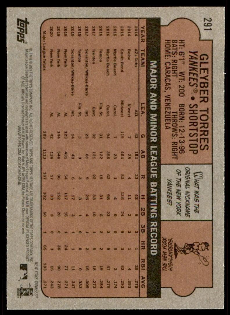 2021 TOPPS HERITAGE GLEYBER TORRES . NEW YORK YANKEES #291