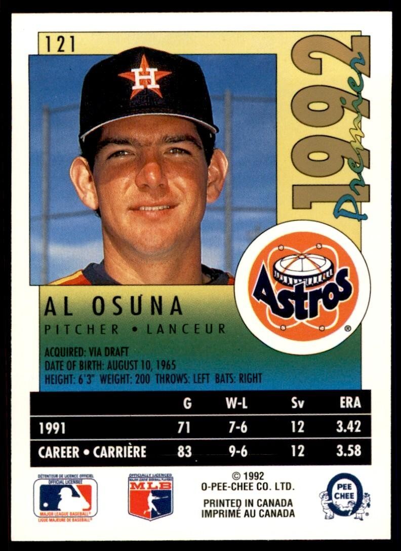 1992 O-PEE-CHEE PREMIER AL OSUNA . HOUSTON ASTROS #121