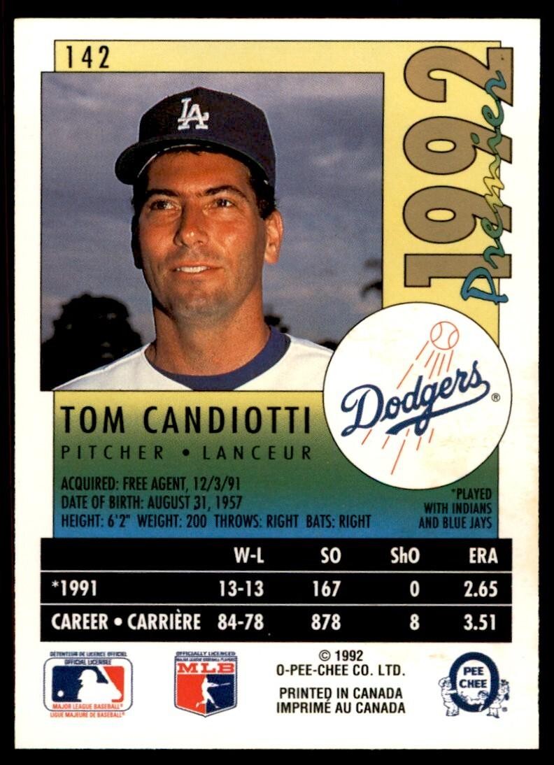 1992 O-PEE-CHEE PREMIER TOM CANDIOTTI . LOS ANGELES DODGERS #142