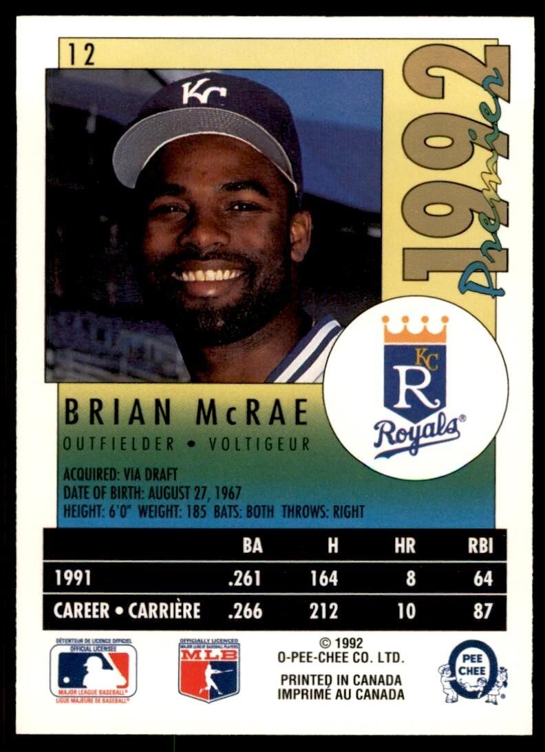 1992 O-PEE-CHEE PREMIER BRIAN MCRAE . KANSAS CITY ROYALS #12