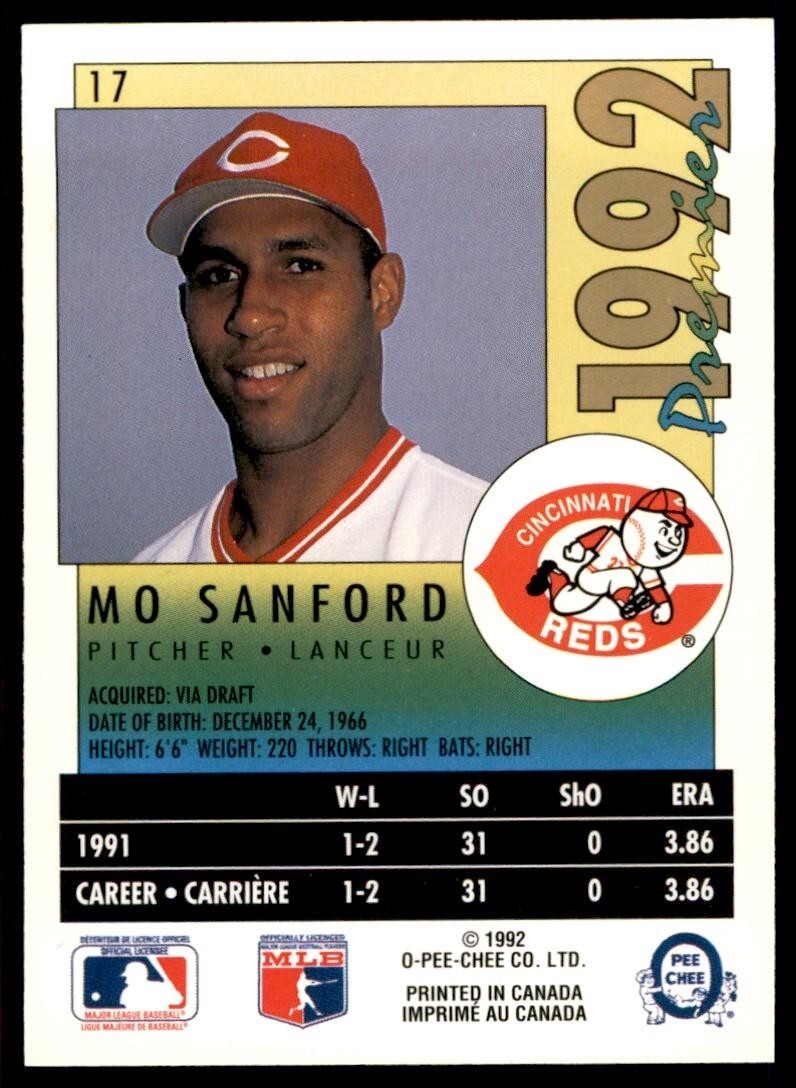 1992 O-PEE-CHEE PREMIER MO SANFORD ROOKIE . CINCINNATI REDS #17