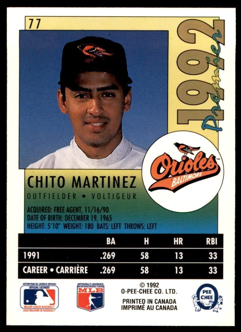 1992 O-PEE-CHEE PREMIER CHITO MARTINEZ ROOKIE . BALTIMORE ORIOLES #77