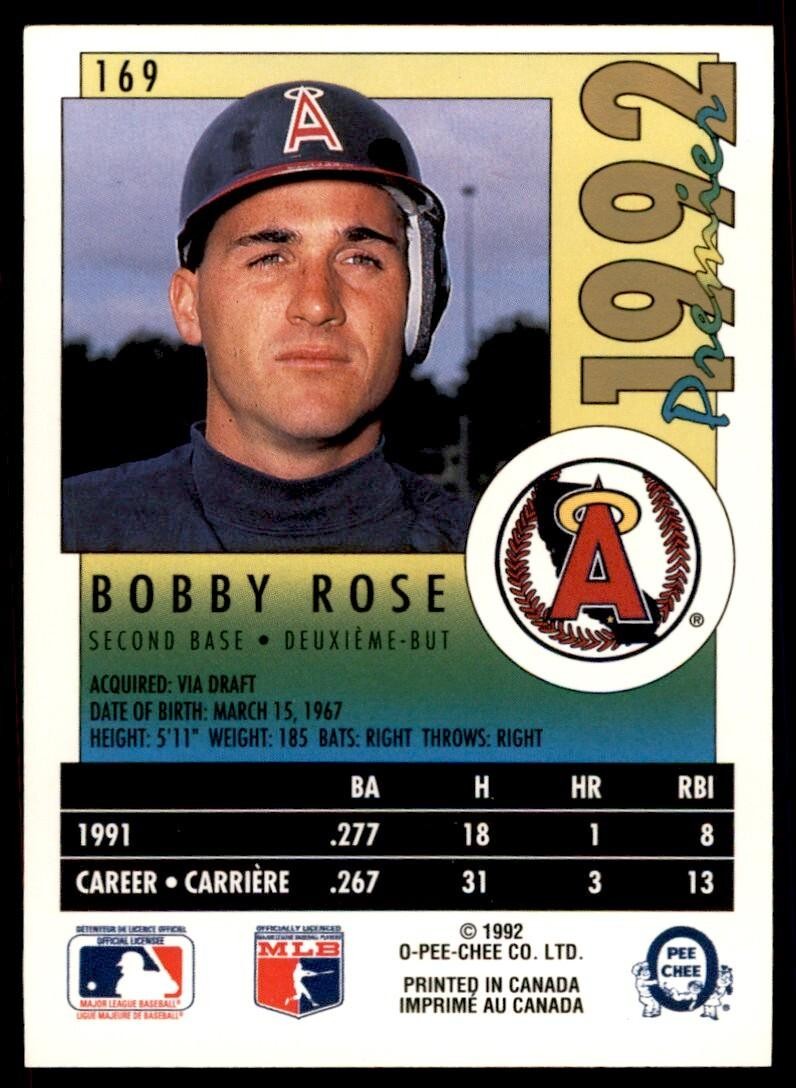 1992 O-PEE-CHEE PREMIER BOBBY ROSE . CALIFORNIA ANGELS #169
