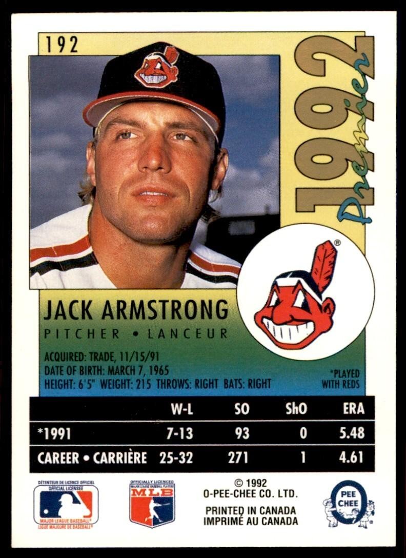1992 O-PEE-CHEE PREMIER JACK ARMSTRONG . CLEVELAND INDIANS #192