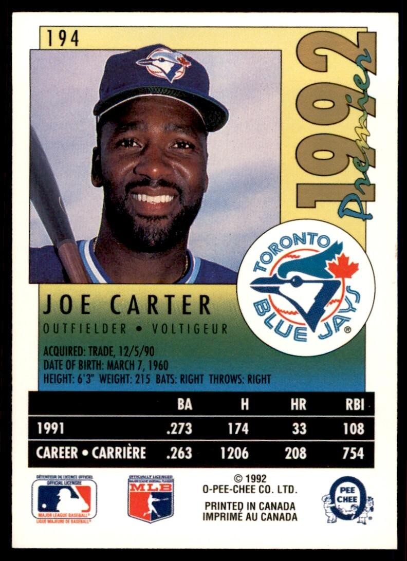 1992 O-PEE-CHEE PREMIER JOE CARTER . TORONTO BLUE JAYS #194