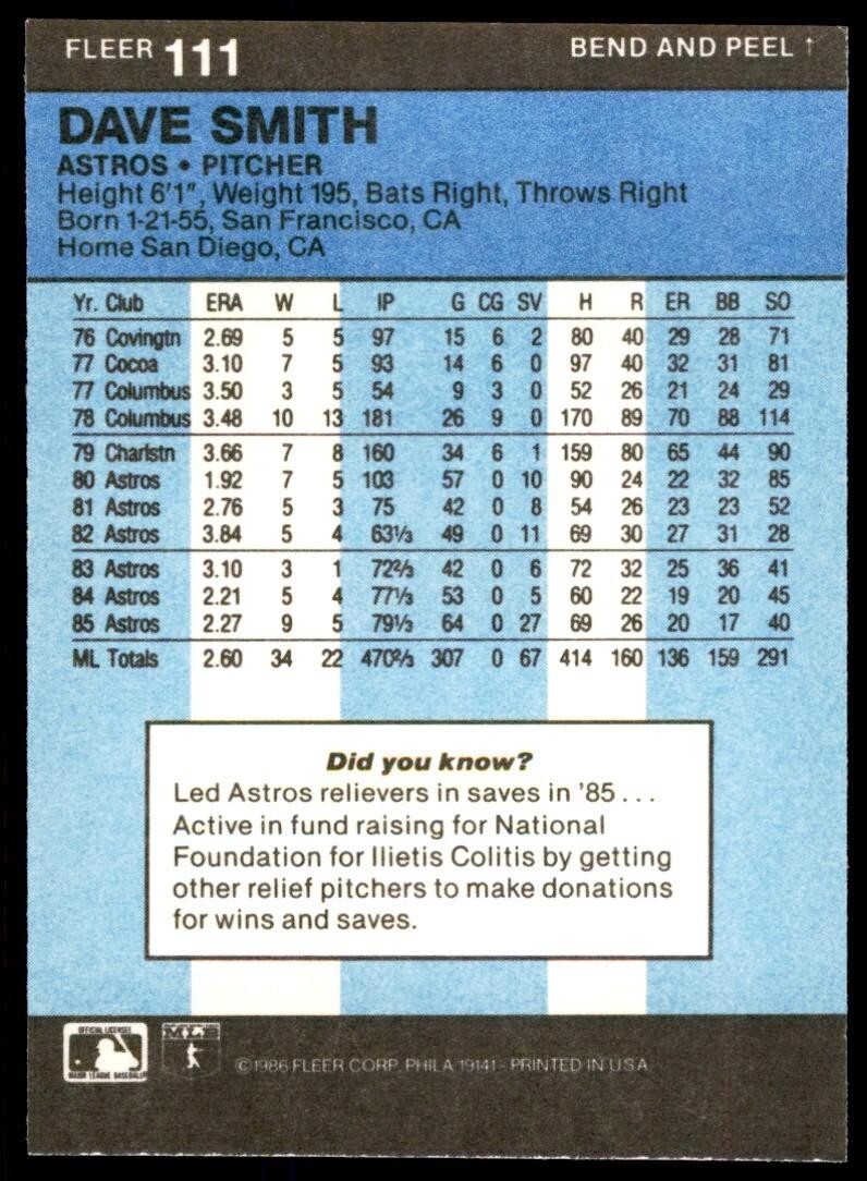 1986 FLEER STAR STICKERS DAVE SMITH . HOUSTON ASTROS #111