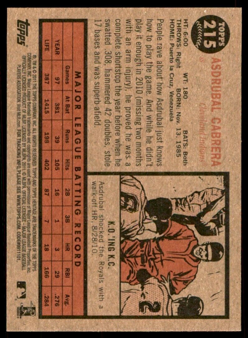 2011 Topps Heritage Asdrubal Cabrera . Cleveland Indians #215