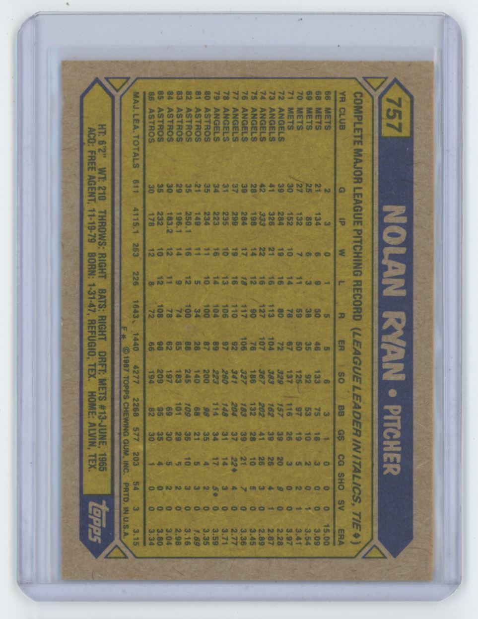 1987 TOPPS NOLAN RYAN . HOUSTON ASTROS #757