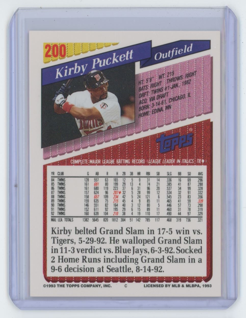 1993 TOPPS KIRBY PUCKETT . MINNESOTA TWINS #200