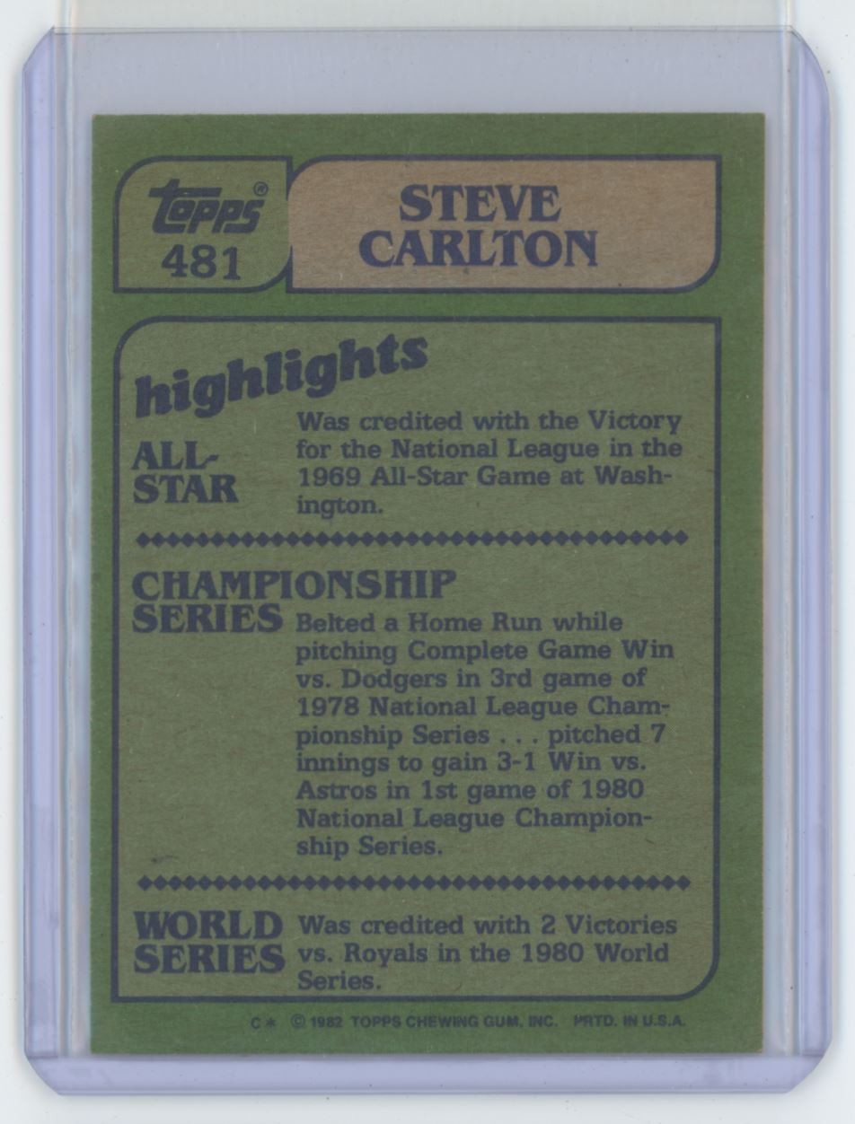 1982 TOPPS. STEVE CARLTON . PHILADELPHIA PHILLIES #481