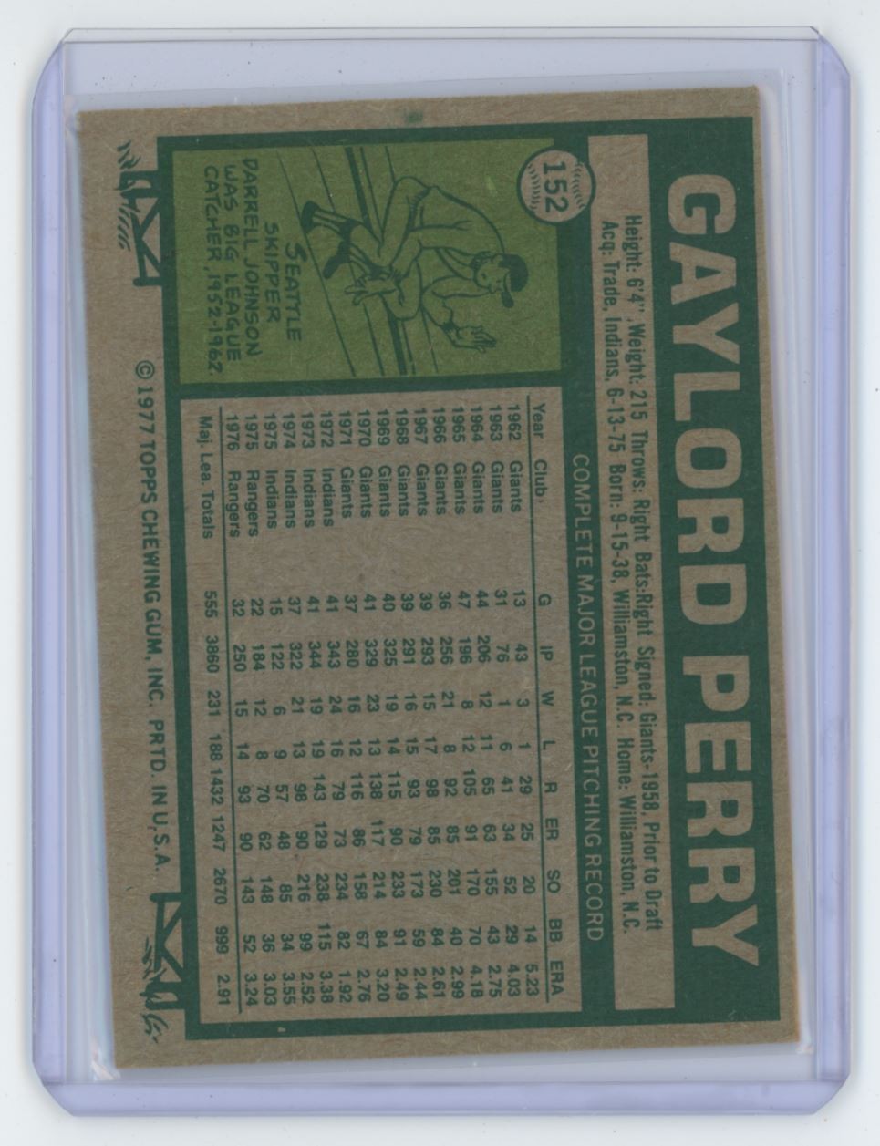 1977 TOPPS. GAYLORD PERRY . TEXAS RANGERS #152