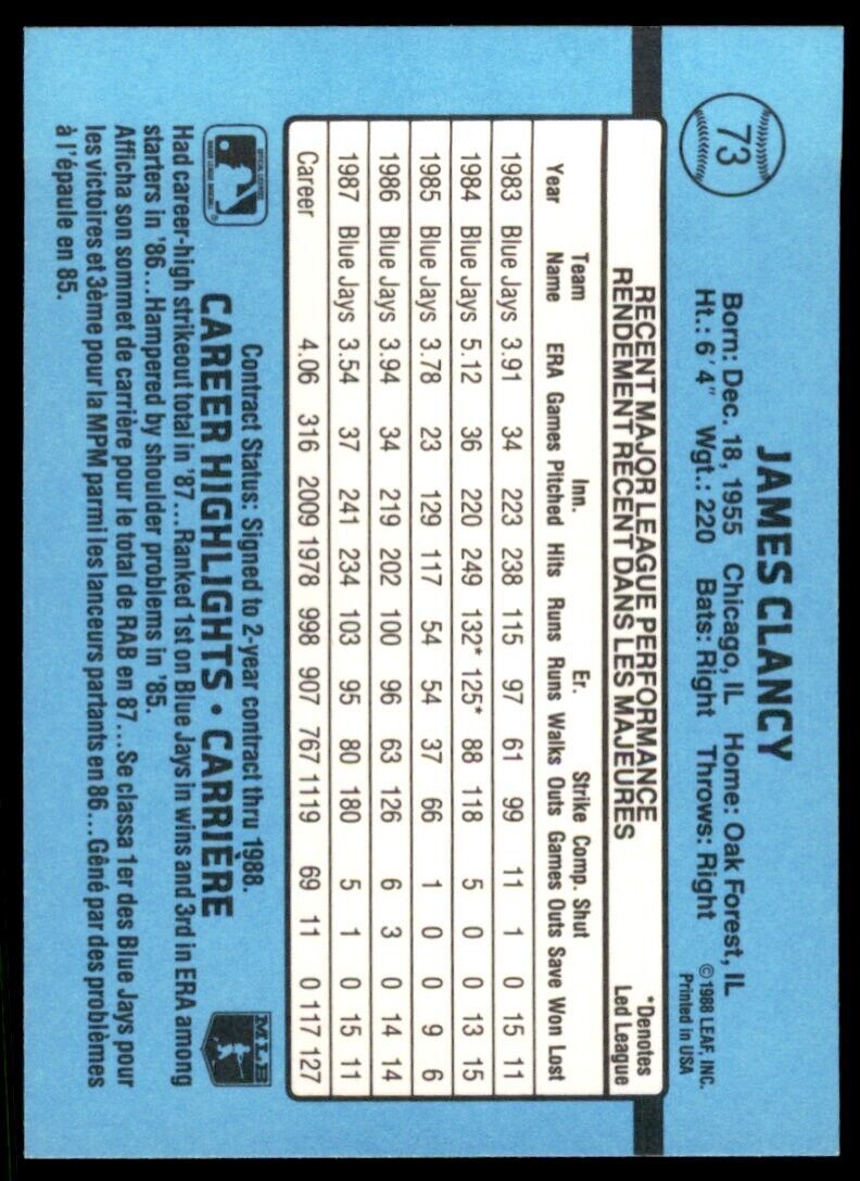 1988 LEAF JIM CLANCY . TORONTO BLUE JAYS #73
