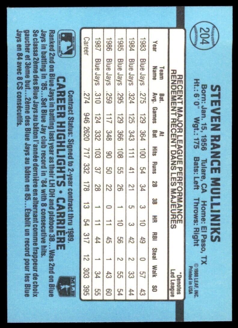 1988 LEAF RANCE MULLINIKS . TORONTO BLUE JAYS #204