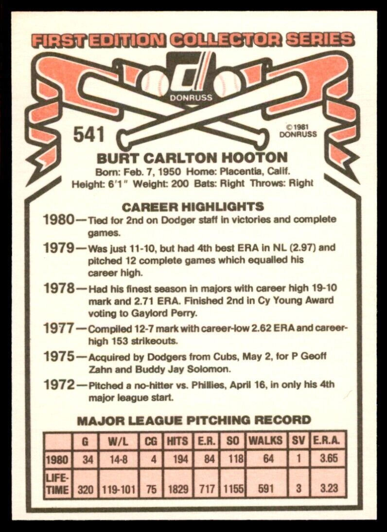 1981 DONRUSS BURT HOOTON . LOS ANGELES DODGERS #541