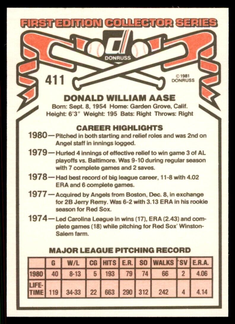 1981 DONRUSS DON AASE . CALIFORNIA ANGELS #411