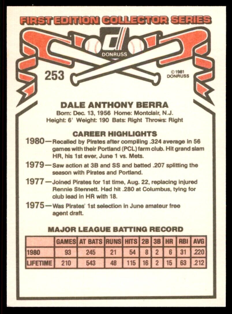 1981 DONRUSS DALE BERRA . PITTSBURGH PIRATES #253