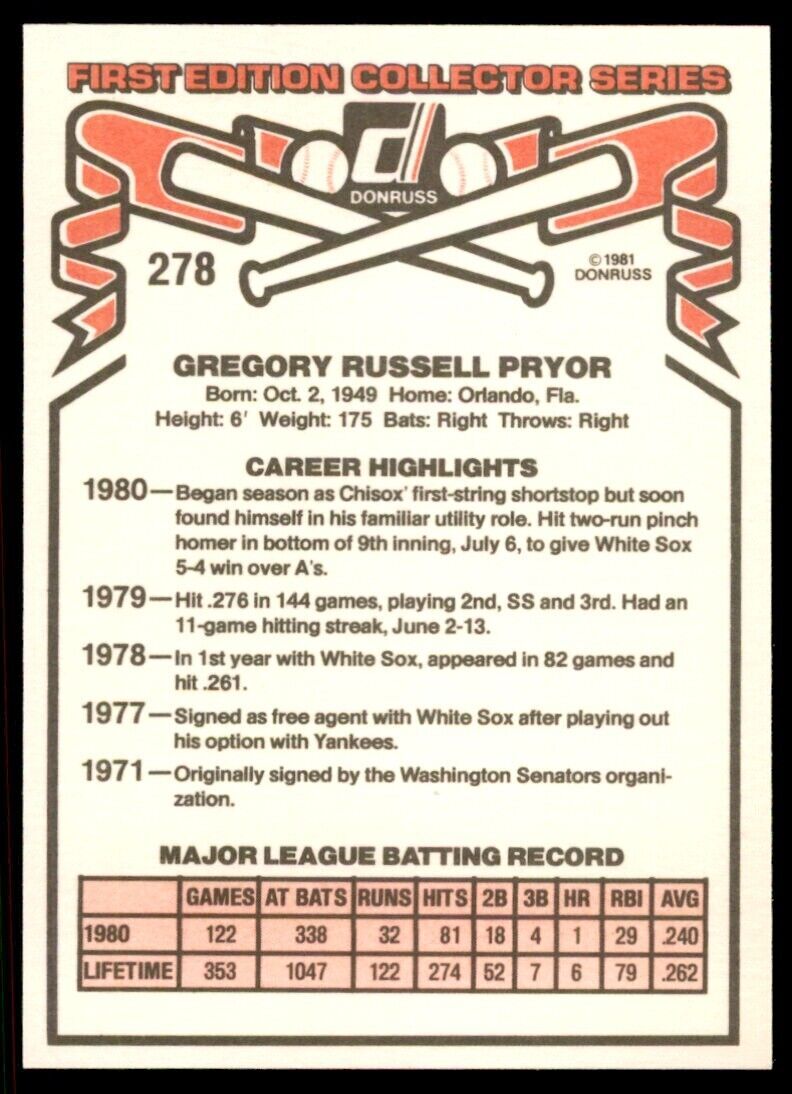 1981 DONRUSS GREG PRYOR . CHICAGO WHITE SOX #278