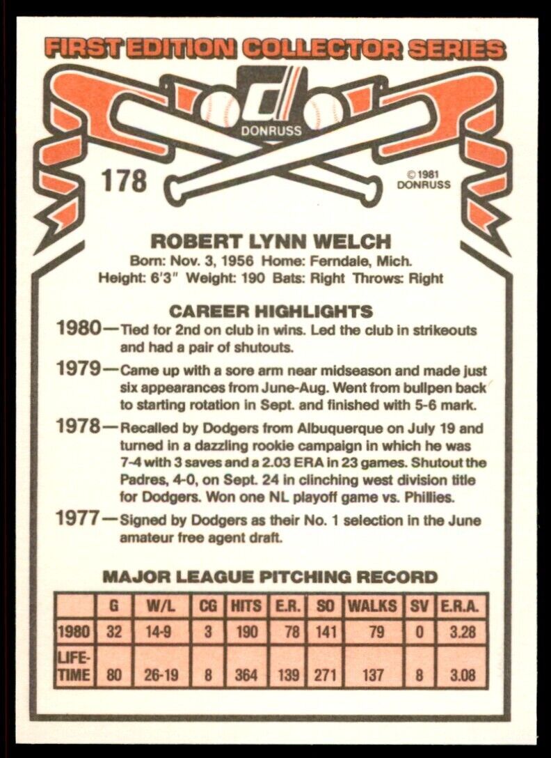 1981 DONRUSS BOB WELCH . LOS ANGELES DODGERS #178