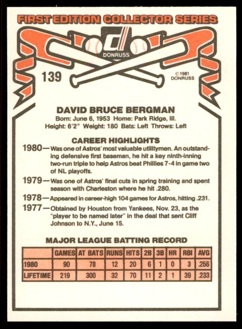 1981 DONRUSS DAVE BERGMAN . HOUSTON ASTROS #139