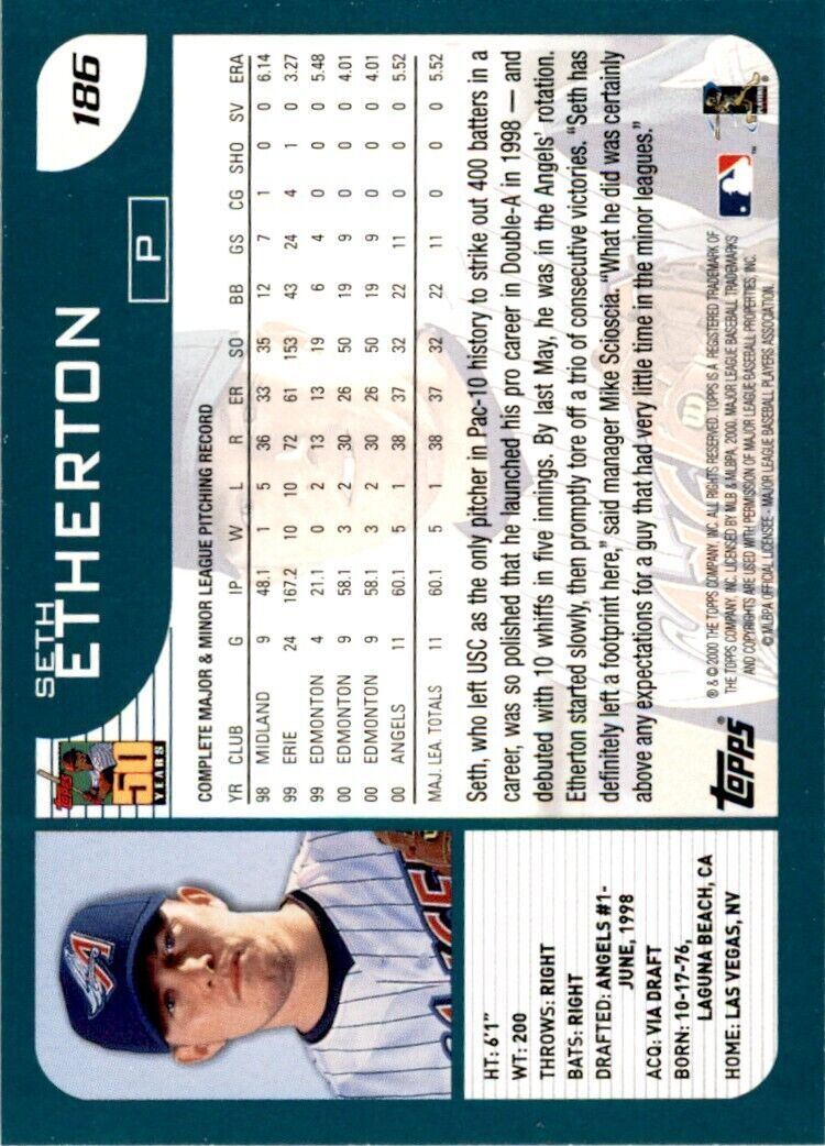 2001 TOPPS SETH ETHERTON . ANAHEIM ANGELS #186