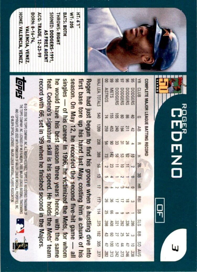 2001 TOPPS ROGER CEDENO . HOUSTON ASTROS #3