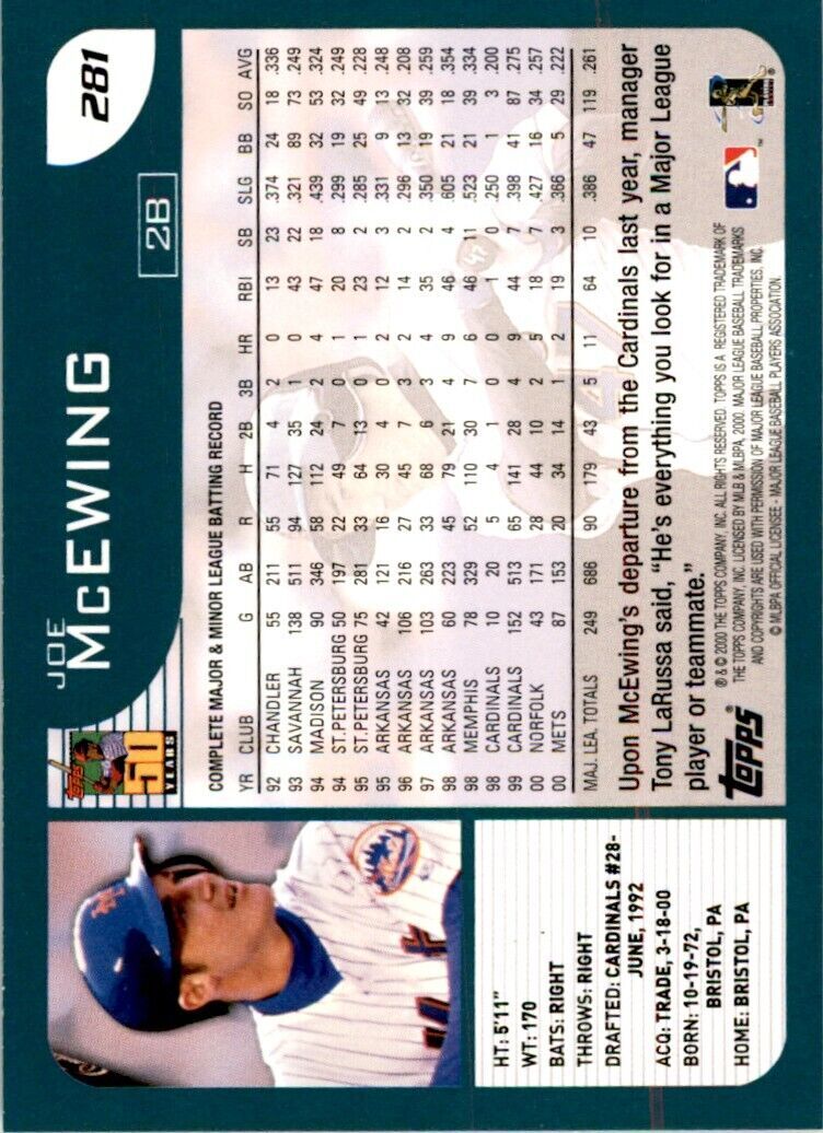 2001 TOPPS JOE MCEWING . NEW YORK METS #281