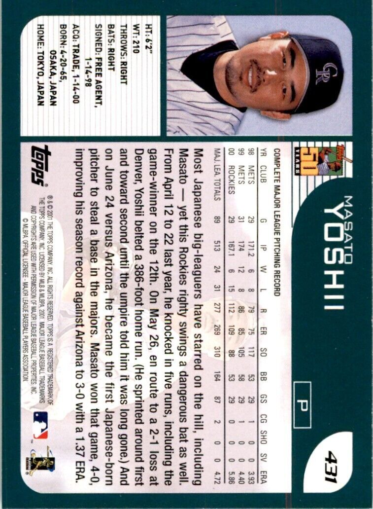 2001 TOPPS MASATO YOSHII . COLORADO ROCKIES #431
