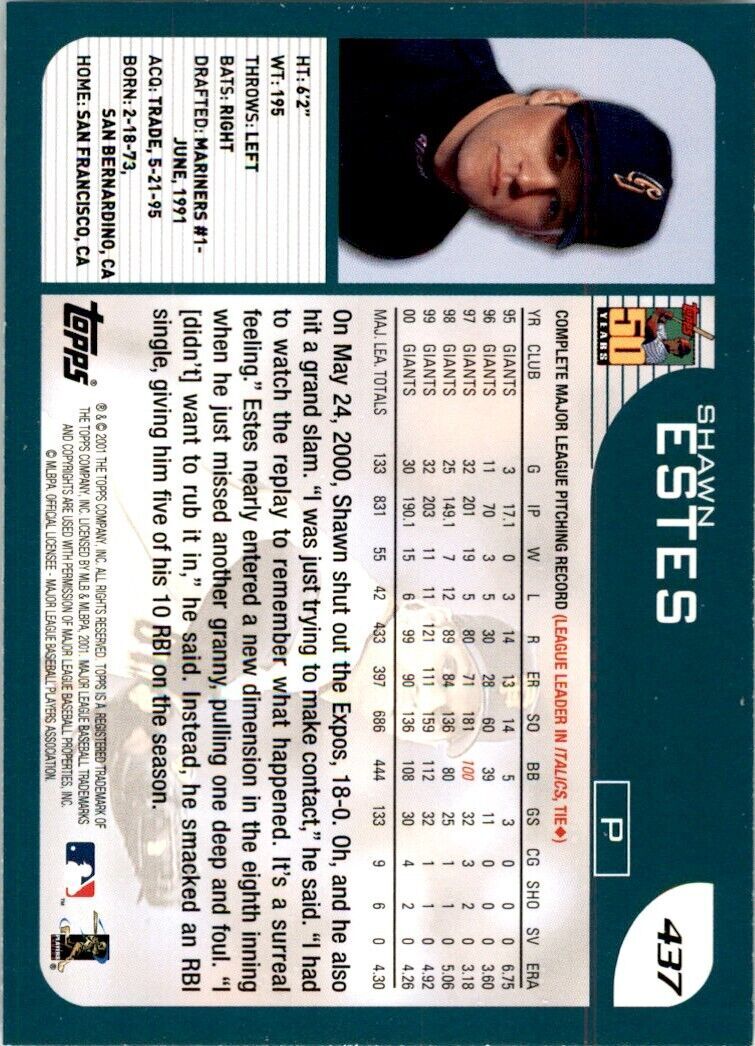 2001 TOPPS SHAWN ESTES . SAN FRANCISCO GIANTS #437