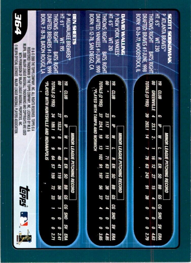 2001 TOPPS SCOTT SOBKOWIAK/DAVID WALLING/BEN SHEETS . ATLANTA BRAVES/NEW YORK