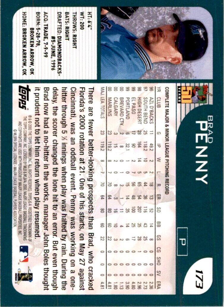 2001 TOPPS BRAD PENNY . FLORIDA MARLINS #173