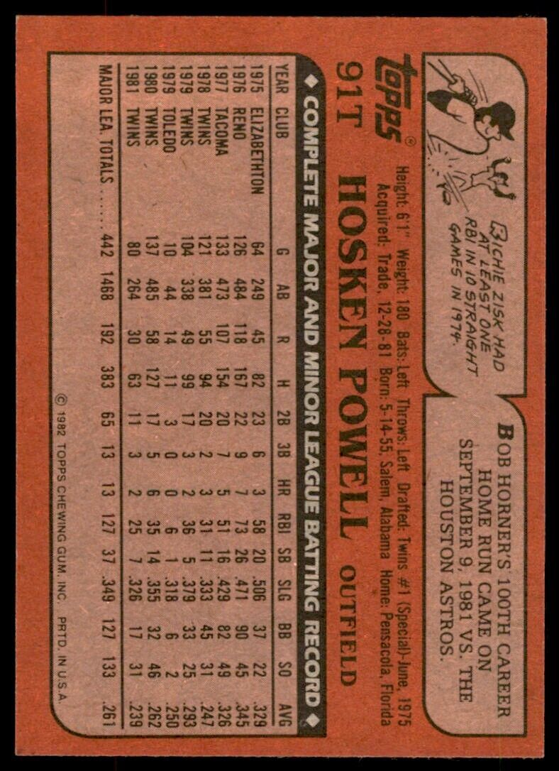 1982 TOPPS TRADED HOSKEN POWELL . TORONTO BLUE JAYS #91T